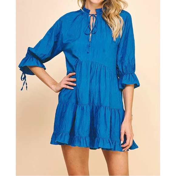 NWT Pinch Crinkled Mini Dress S gorgeous unique blue color‎ mini tunic tiered - Picture 3 of 13